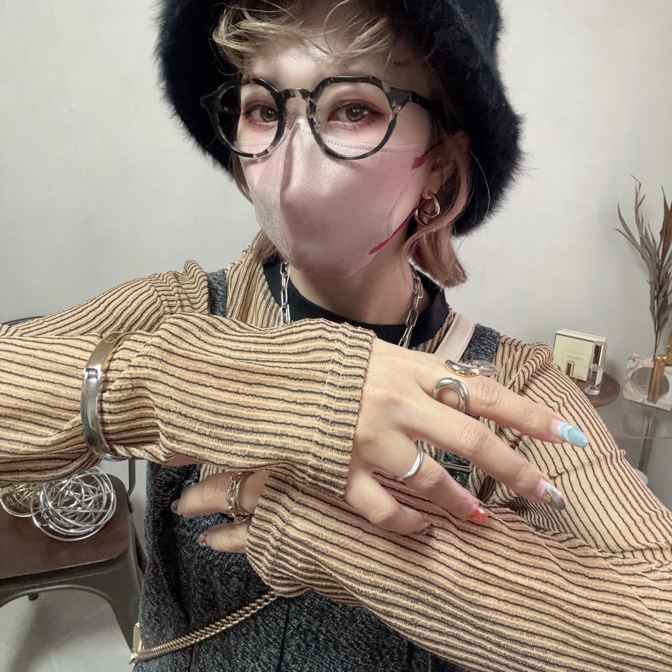 cord mesh sheer long tee【Beige】