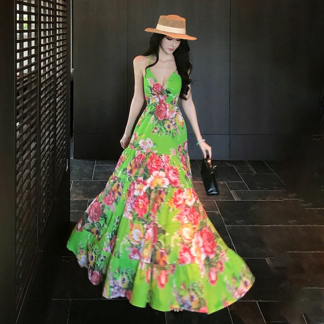 【SummerVacationシリーズ】ワンピース 魅せられる バックオープン 花柄 グリーン