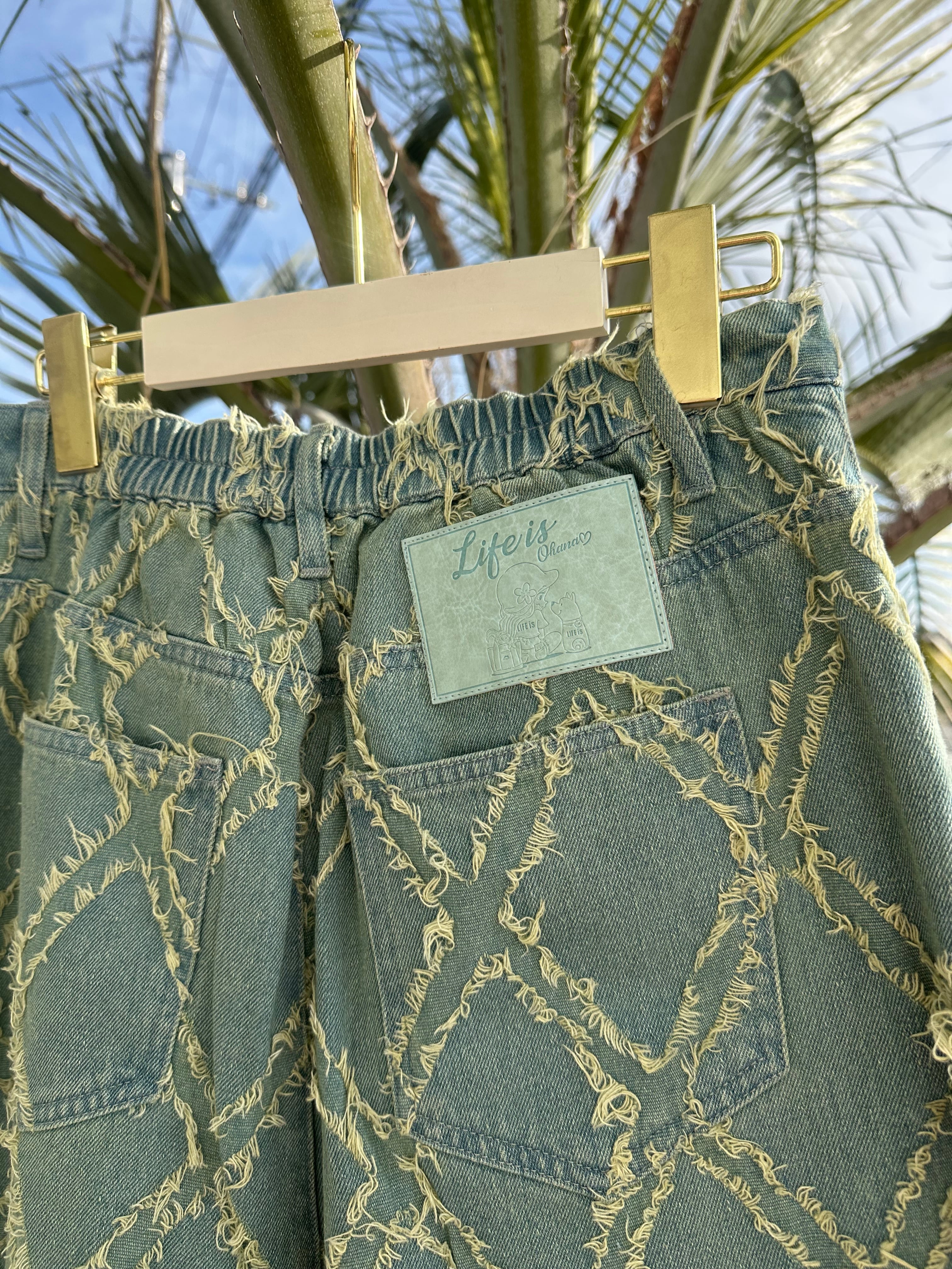 人気【LIFE is】フリンジ×mapuaコラボパッチデニム ¥9,800+tax