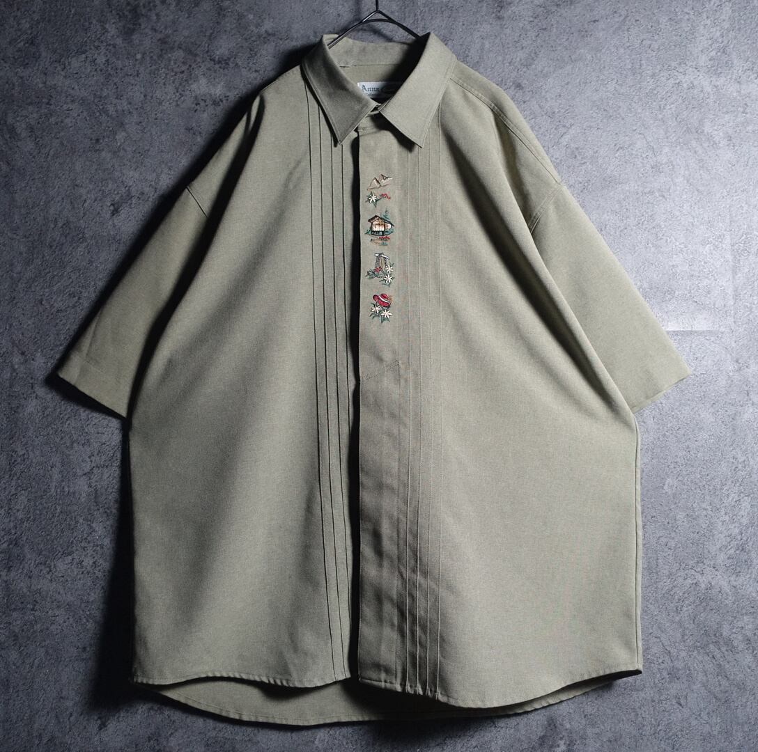 Green Motif Embroidery & Pleated Design Tyrolean Shirt