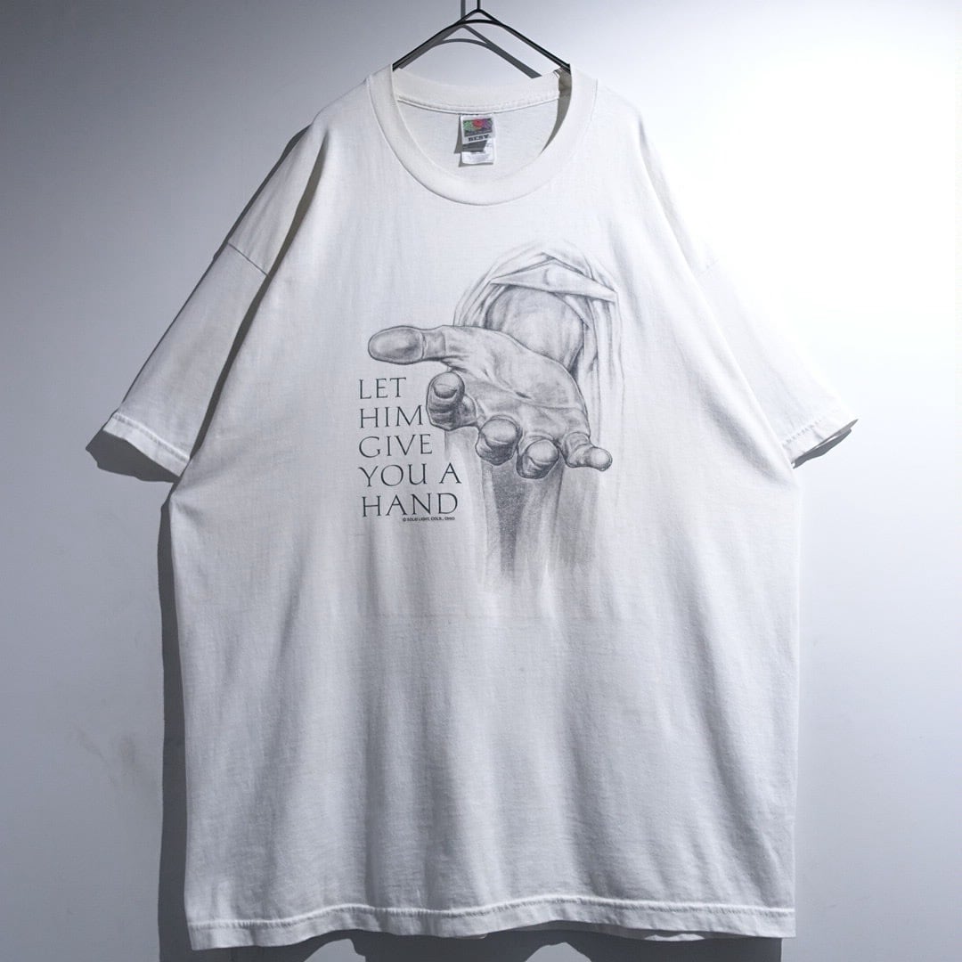 90s "LET HIM GIVE YOU A HAND" White Artistic Print Design T-Shirt