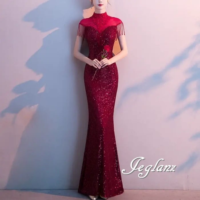 8色 パーティ イブニングドレス フリンジ シアー マーメイド ♪(MA944)ζ