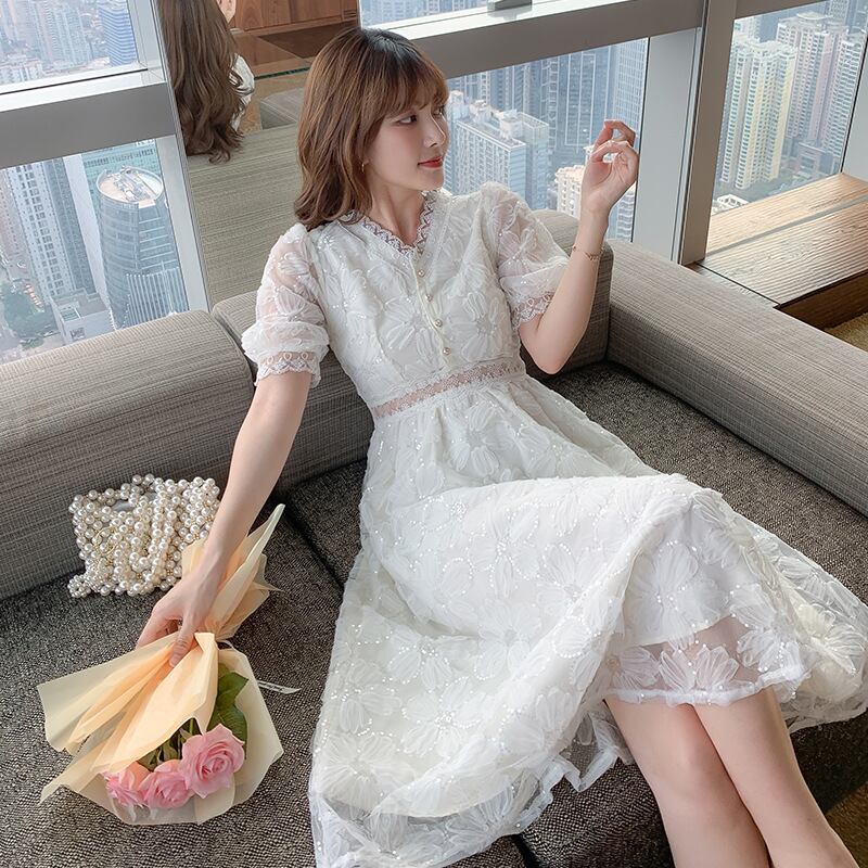 【dress】気質溢れる エレガントVネックレース切り替えデートワンピース着瘦せ M-6146