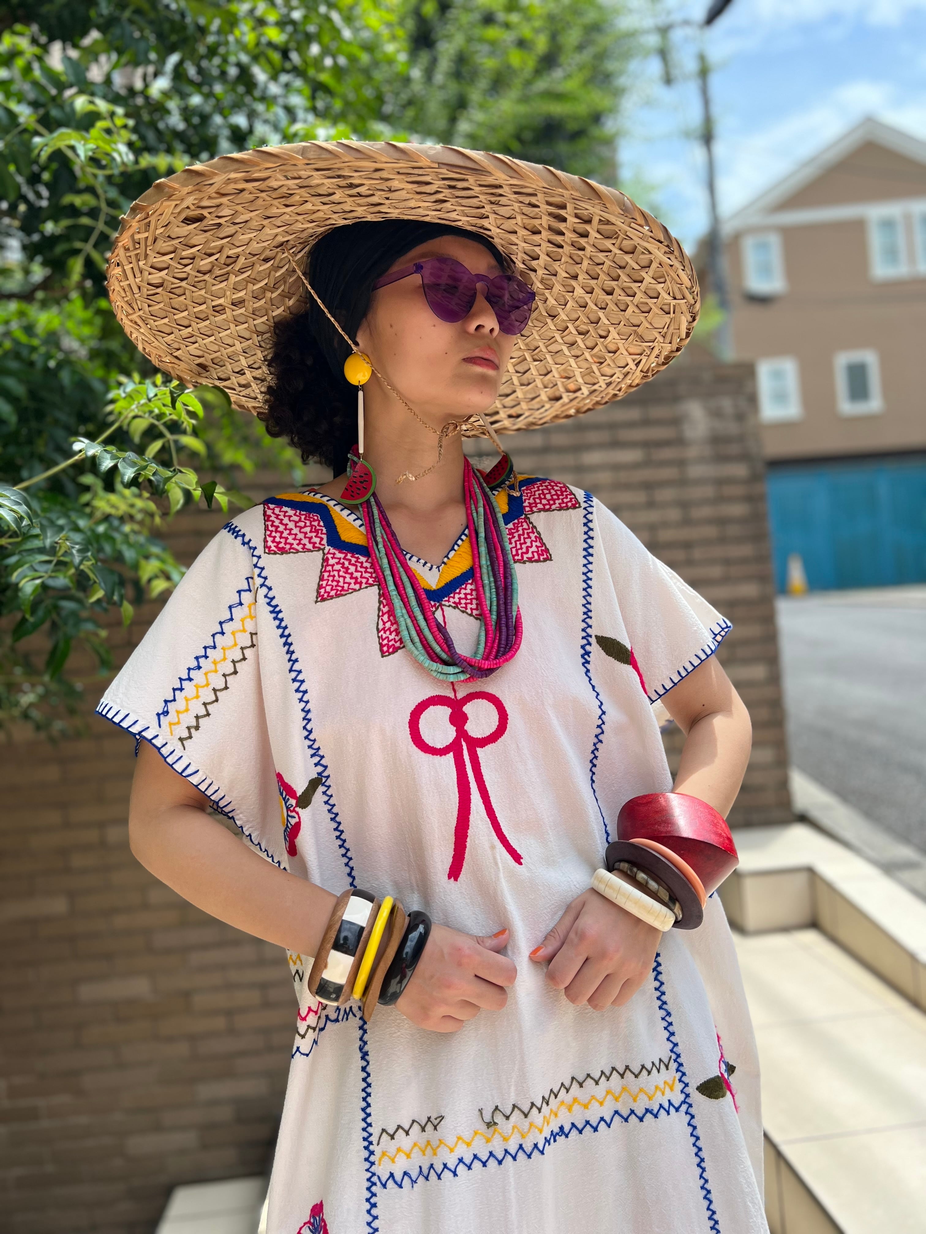 Vintage Mexican white cotton embroidery dress ( ヴィンテージ 