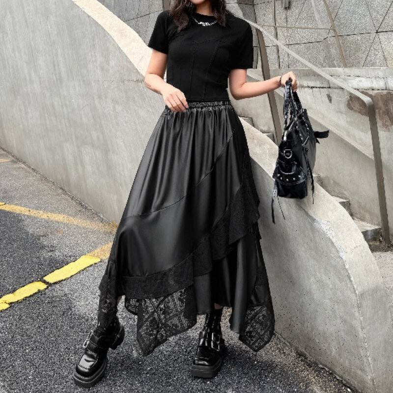 レース切替 マキシ丈 光沢 マキシ丈スカート 1color SK0349