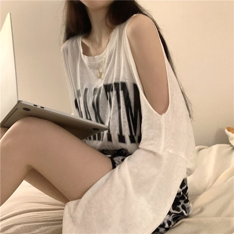 Tシャツ シャツ ストラップレスルーズサマー薄手ホワイトトップス ロング 夏物 ブラックストロベリース66861807485