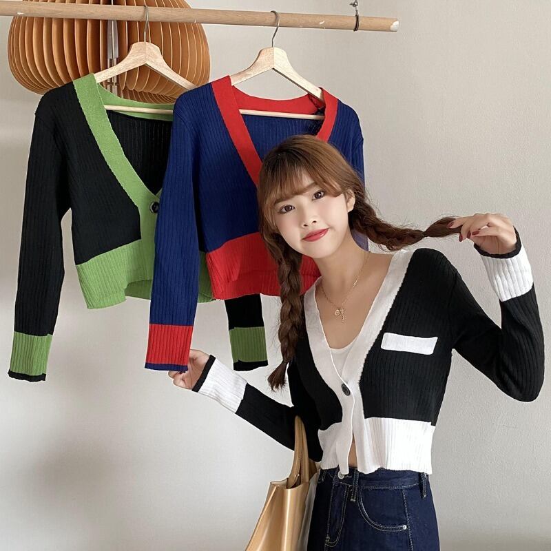 オータム薄手Vネックニットトップス スリムショートセーター コート ロング 秋物 YY-ファッション38525580795