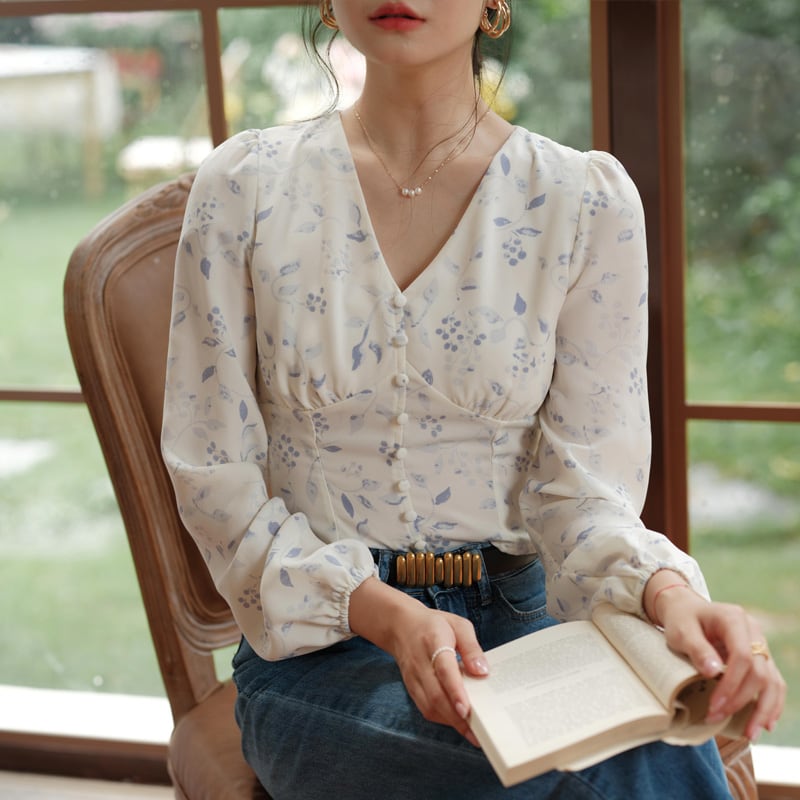 小花柄 ショート丈 ロングスリーブブラウス 00484