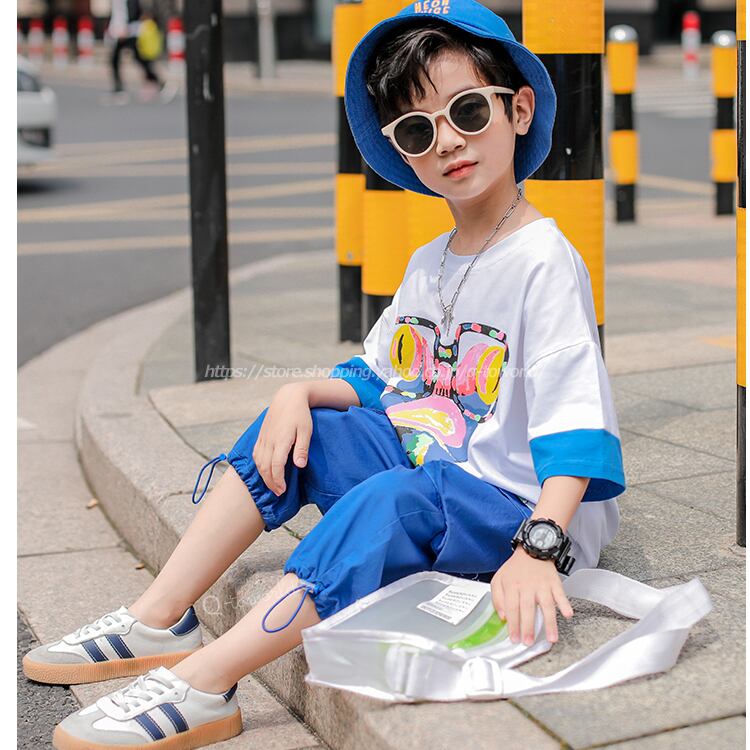 110㎝-160㎝】2点セット トップス×パンツ 半袖 全2色 イラスト 韓国  