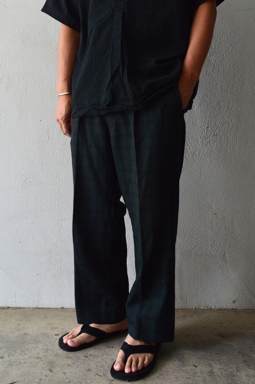 Old Blank Slacks 90's Tartan Check 2Tuck Poly Wool Slacks Dark Green Black オールドスラックス ポリウール サマースラックス