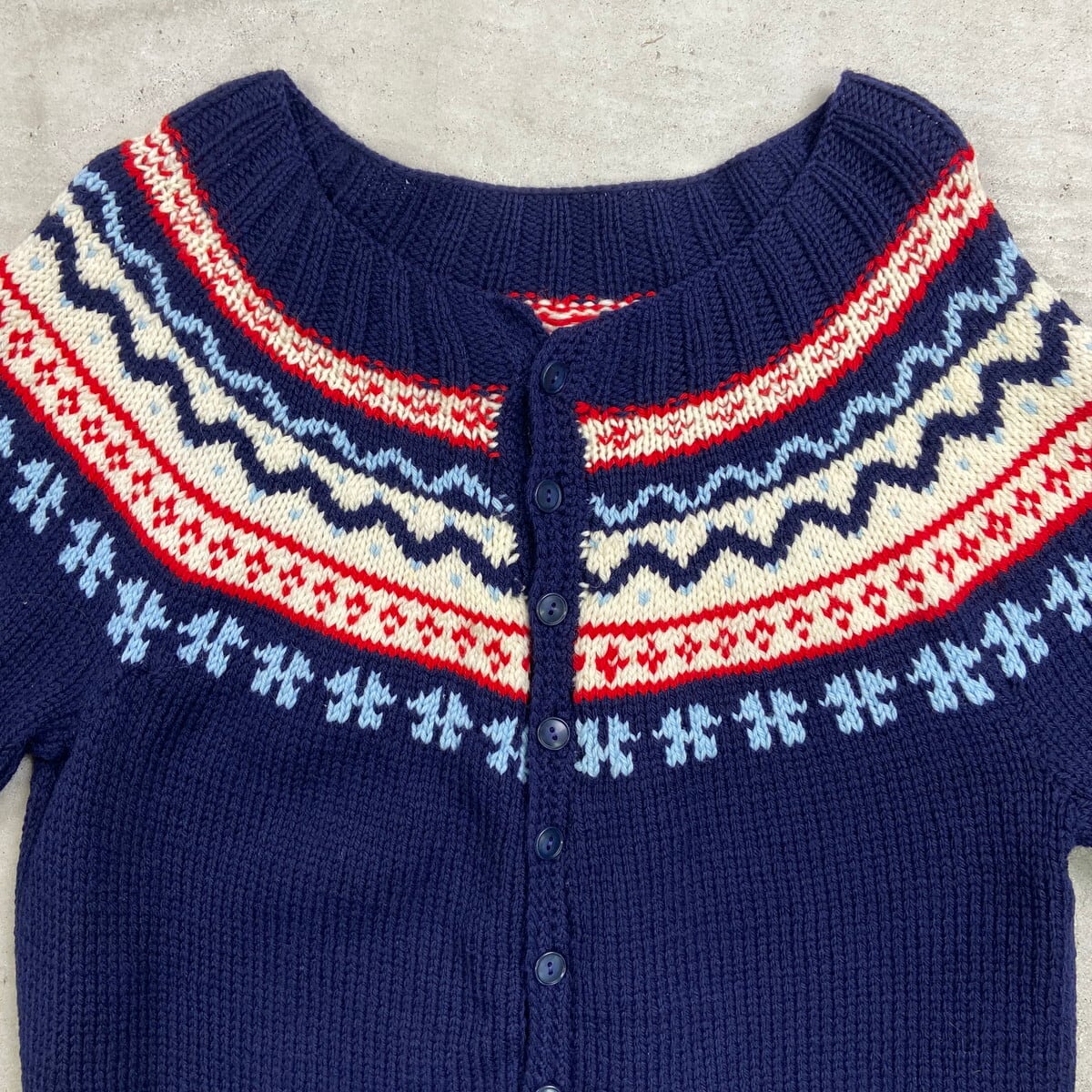 UNKNOWN フェアアイル柄 ニットカーディガン レディースS相当 古着 VINTAGE ヴィンテージ ネイビー レッド ホワイト UNKNOWN フェアアイル柄 ニットカーディガン レディースS相当 古着
