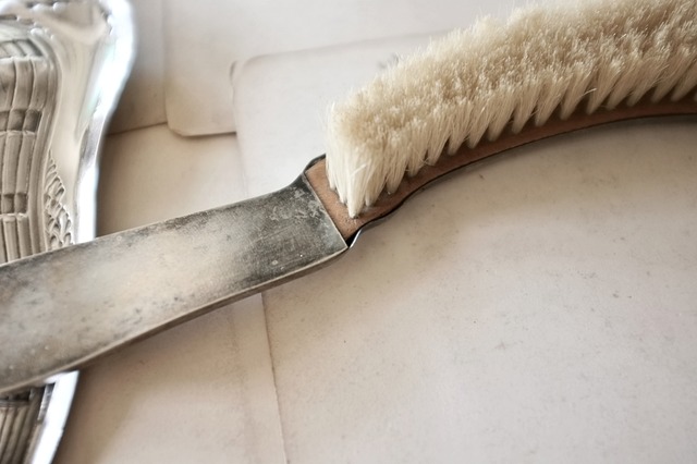 フランス 銀の蔦葉とアールデコ的ダストパン&ブラシセット シルバープレート アンティーク