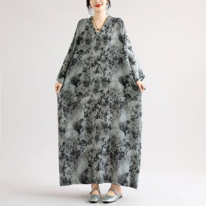 LINEN BLEND PRINT BATWING V-NECK LONG DRESS M-18023