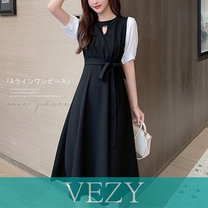 ワンピース 袖切り替えワンピ レトロ風 半袖 シフォンスリーブワンピース ウエストマーク ロングワンピース 体型カバー フレアワンピ ワンピース チュニック ベジー VEZY ItemNo.【15542065 】