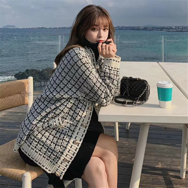 チェックニットカーディガン