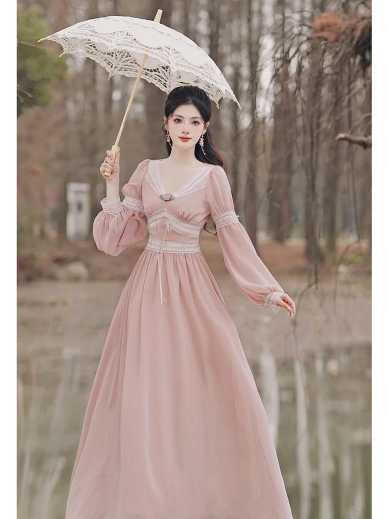 【0262】Pink Chiffon High Waist Long Sleeve Dress