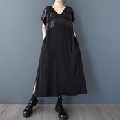 フリンジ装飾 Vネック ロングワンピース  30044