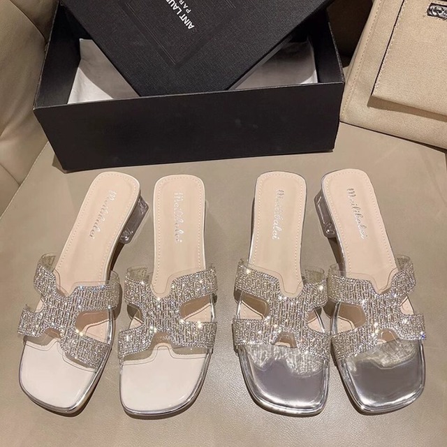 ビジューバンドクリアヒールサンダル　F051