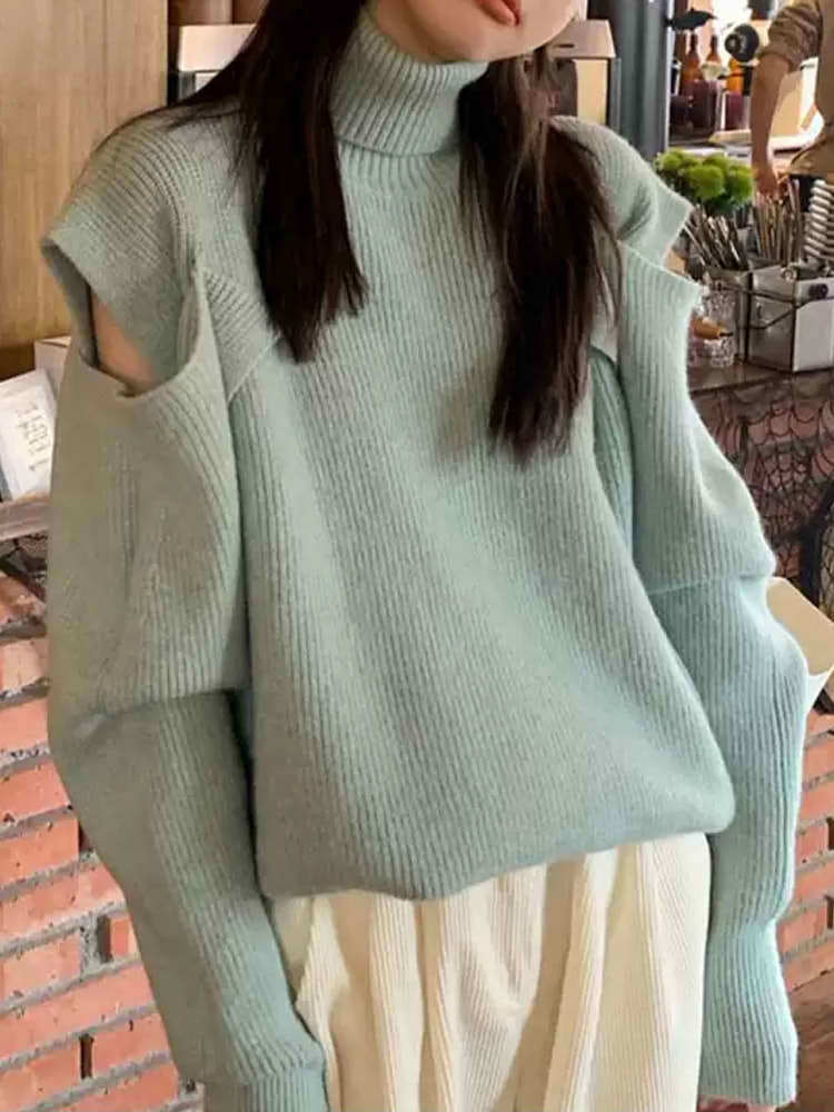 イレギュラーショルダー オープンタートルネックニット クールコーデ