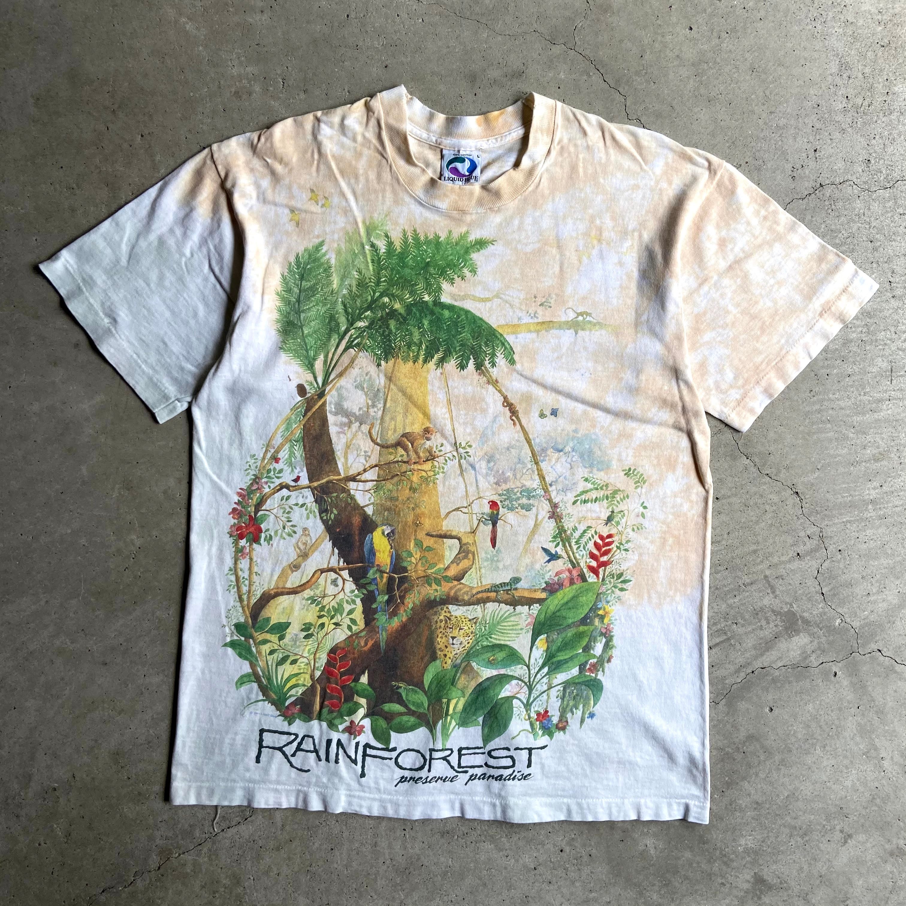 90s リキッドブルー 総柄 ヴィンテージ Tシャツ インディアン アートT