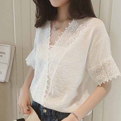 ブラウス きれいめ レースブラウス Vネック カジュアル 大きめ 大きいサイズ カジュアル カジュアルスタイル 春夏 半袖ブラウス ブラウス きれいめ レースブラウス Vネック カジュアル 大きめ