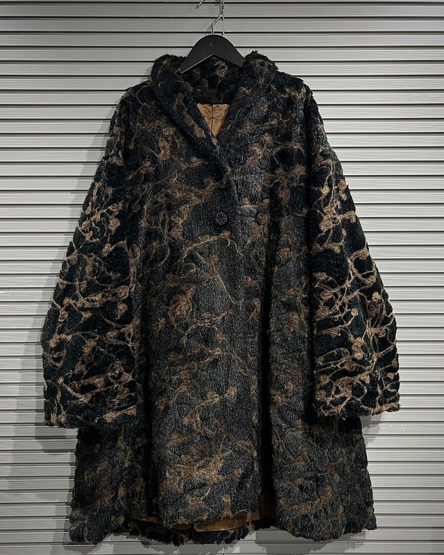 【X VINTAGE】Abstract Pattern Vintage Shawl Collar Faux Fur Coat