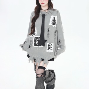 ダメージグラフパッチフェイクレイヤードニット（2カラーあり）（lli_6453）