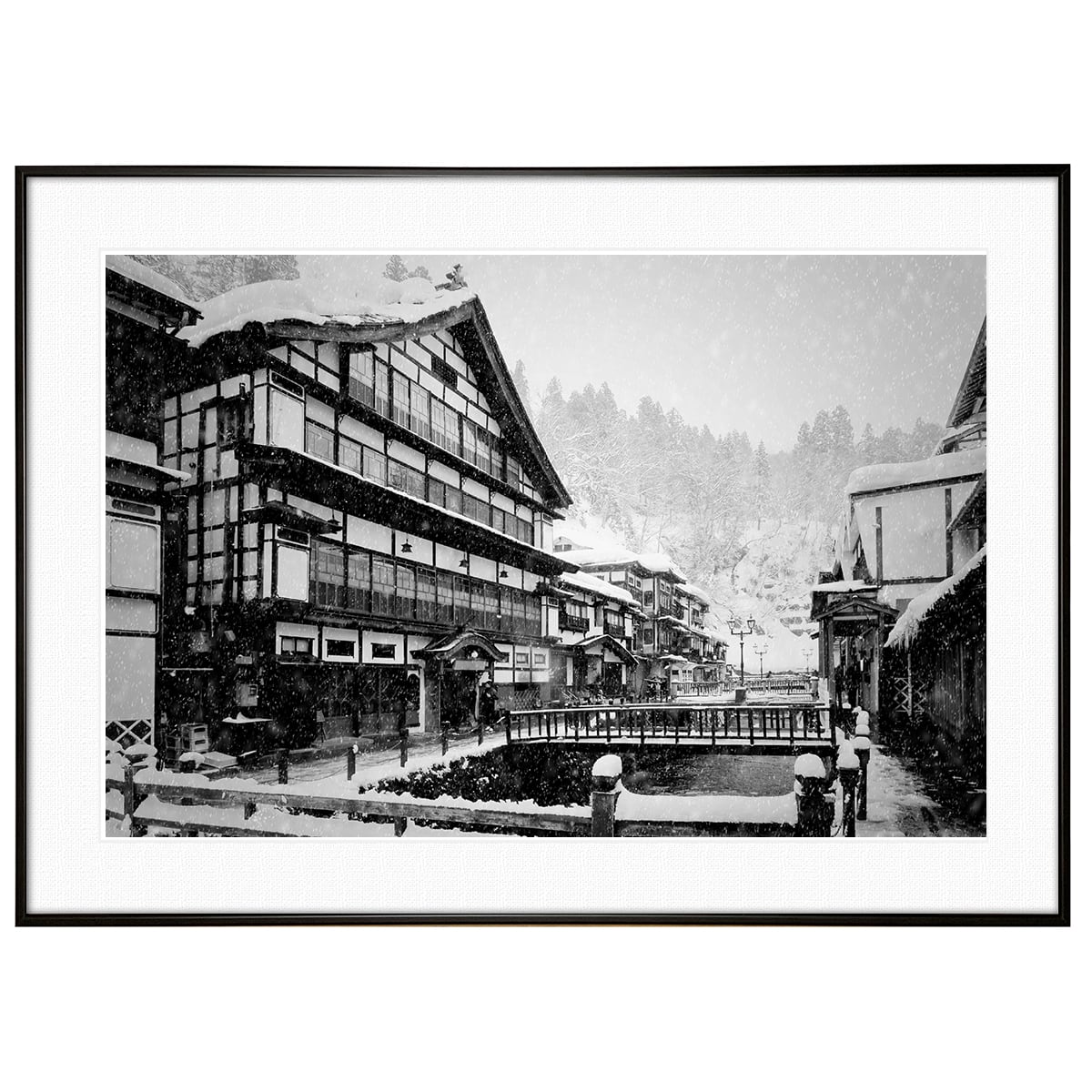 日本写真 山形県尾花沢市 雪の銀山温泉 インテリア モノクロ