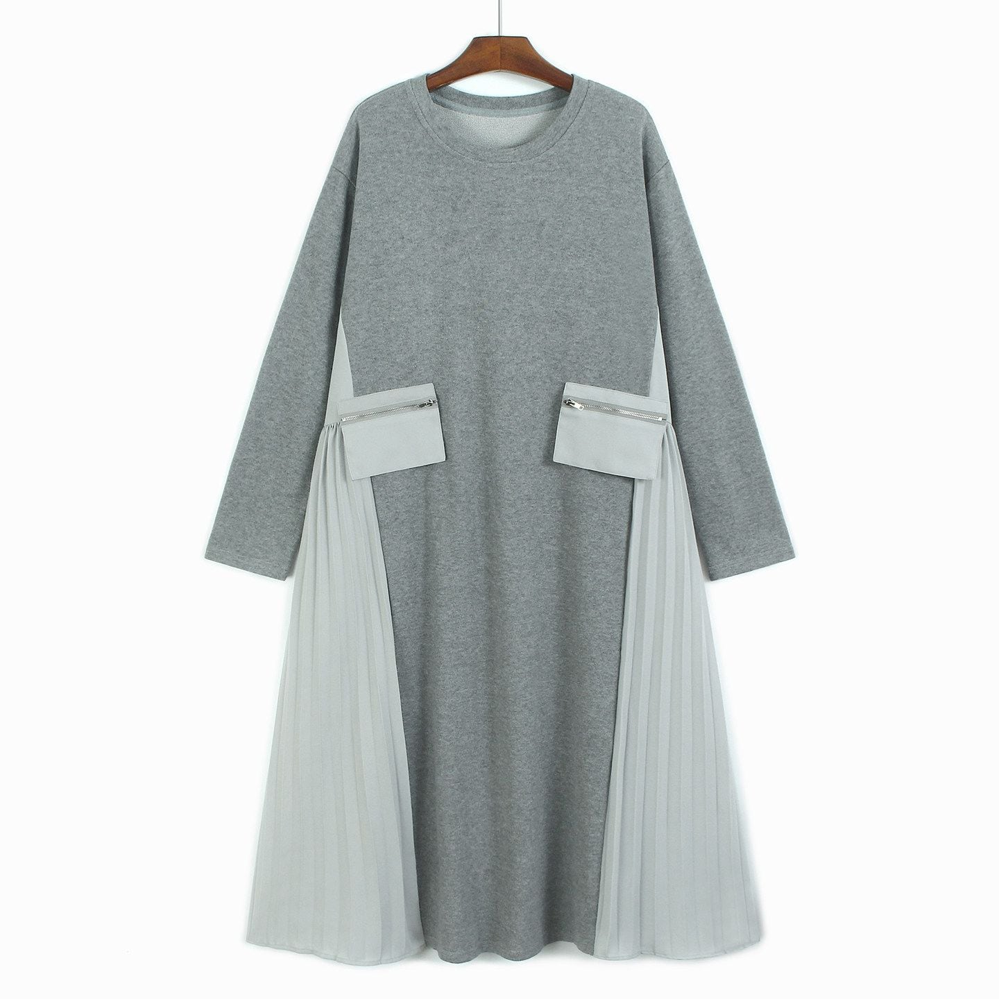 ZIP POCKET SLEEVE PLEATED MIDI A-LINE DRESS M-18508