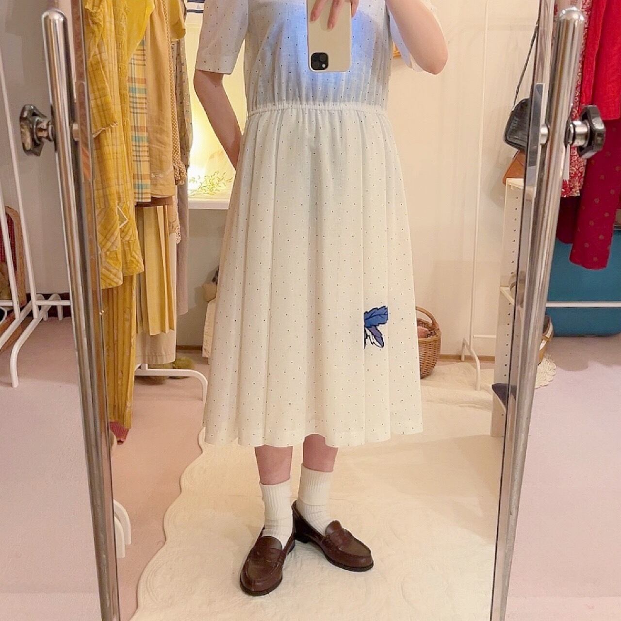 white dot blue leaf one-piece