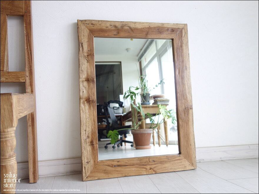 古材 鏡 オールドチークフレームミラー壁掛80A レトロ 天然木 ハンドメイド 手作り 総無垢 壁掛け 銘木 送料無料 幅60cm x 縦80cm