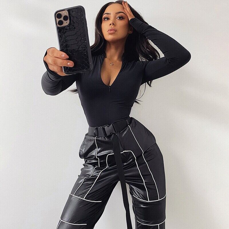 送料無料 FSDAVネックジップアップ女性ボディスーツ長袖黒セクシー秋冬