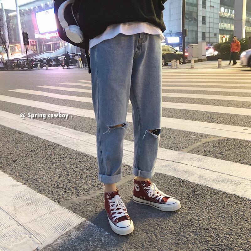 全1色 デニム パンツ ストレート カジュアル ワイド クラッシュ