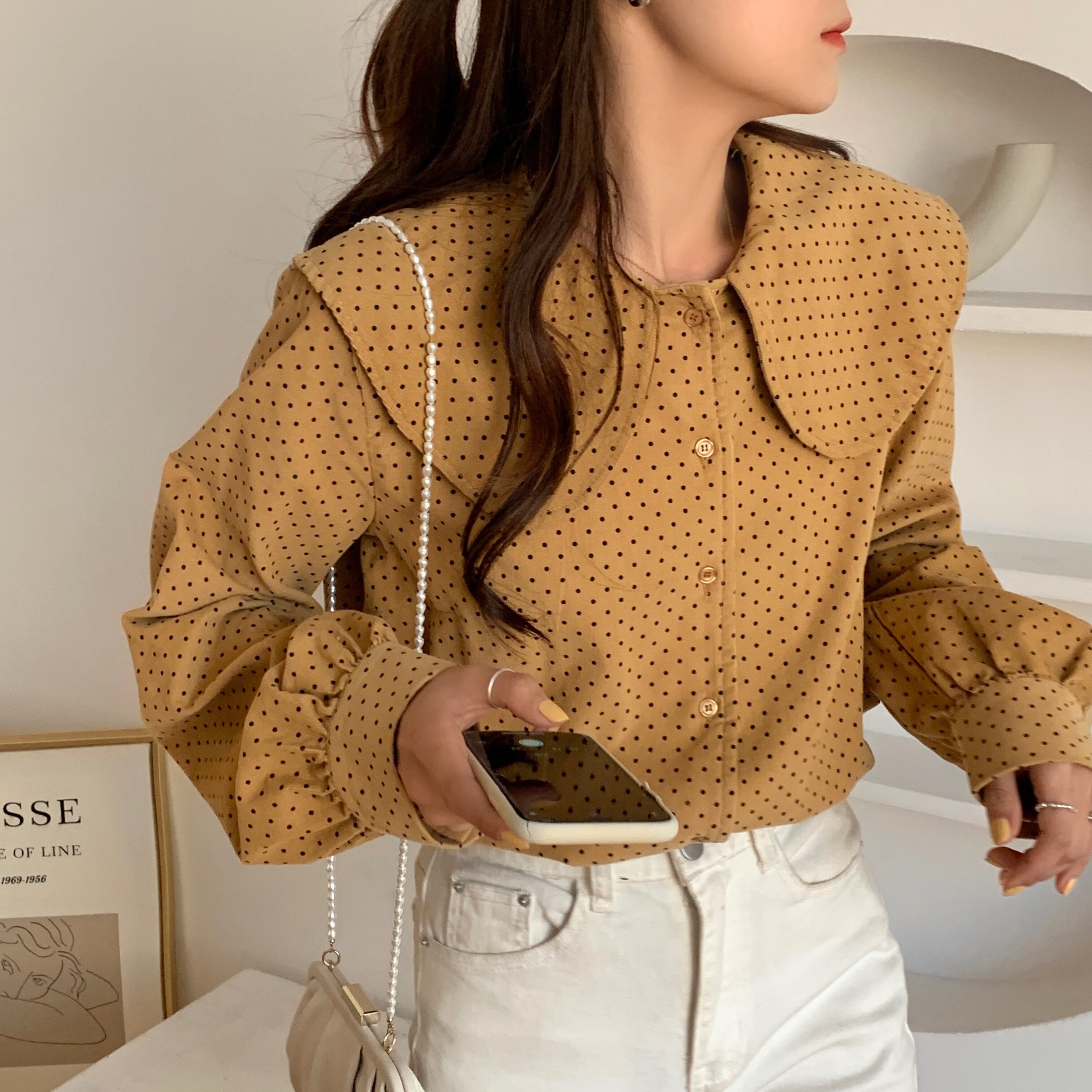 カラーコーデュロイシャツ スタンダードトップス レディース レトロ ビッグFスモールZ韓国78617661945