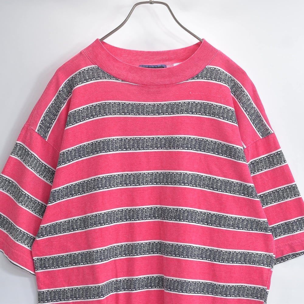 90s santana サンタナ 半袖 Tシャツ プリントボーダー レトロ 横ノリ ルーズ ワイド フェード レッド ブラック USED ヴィンテージ ビンテージ 古着 メンズ L相当
