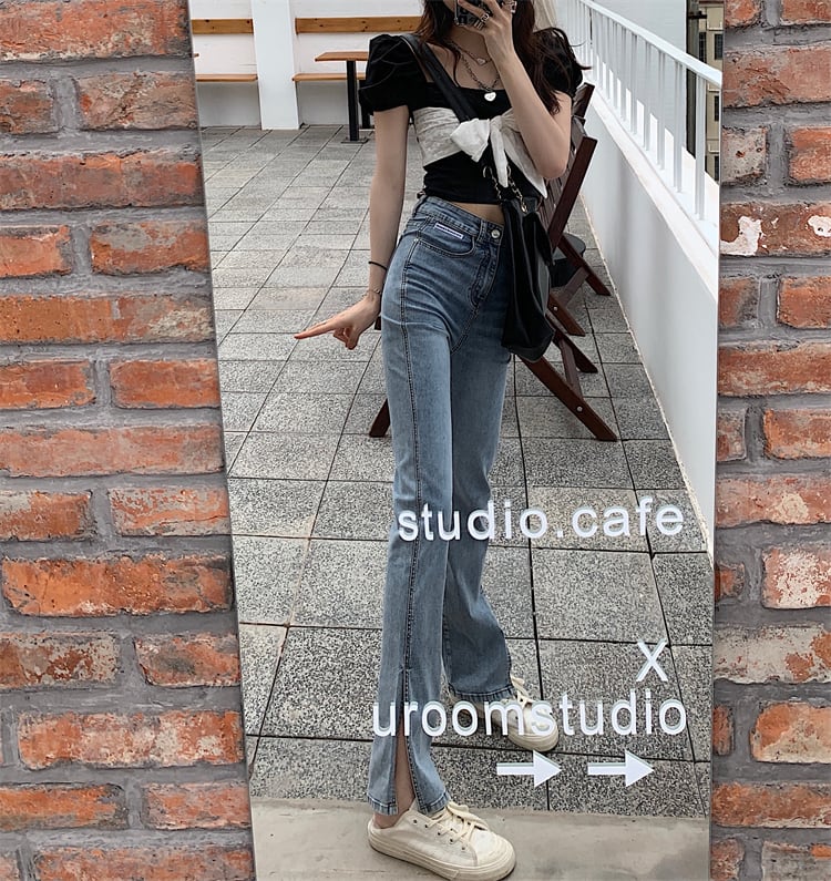 ジーンズ サマー薄手スタイルハイウェストウェストワイドレッグパンツ レッド 夏物 ワイドパンツ ブラックストロベリース12589838411