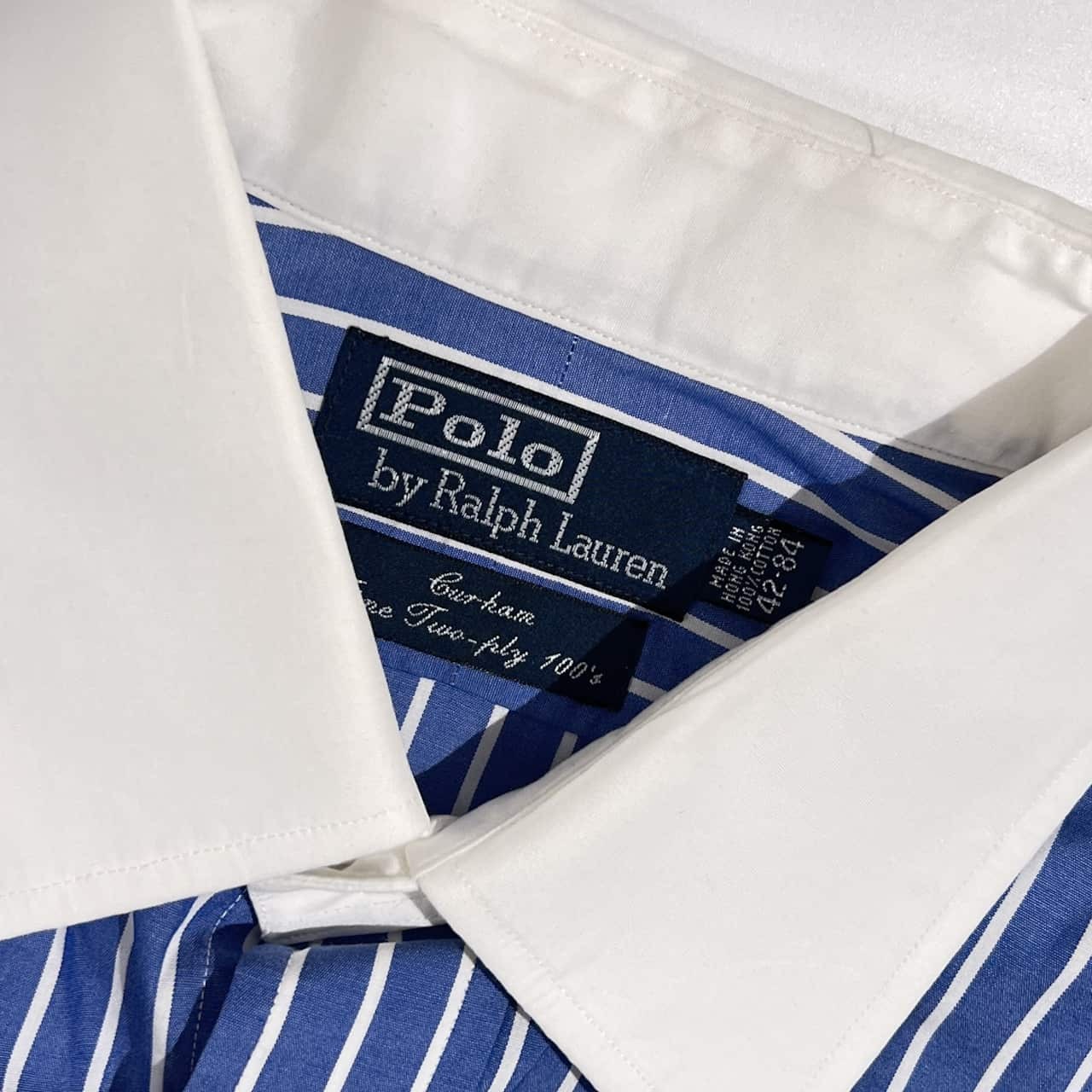 90s Polo by Ralph Lauren ポロ ラルフローレン Fine Two-ply 100's ストライプ 長袖 クレリックシャツ ワイシャツ サイズ 42-84/ブルー×ホワイト メンズ ビンテージ