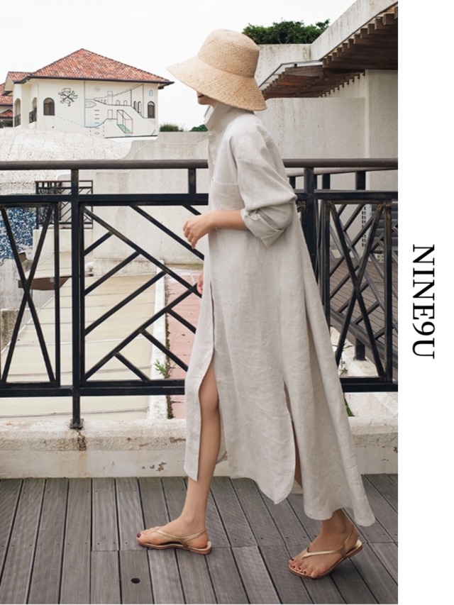 sheer side-slit natural long-shirt 3color【NINE6082】