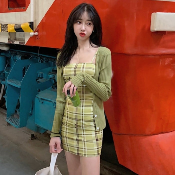 スプリングサマースタンダード格子柄ドレス ショートVネックニットカーディガン レトロ 春物 夏物 ドラファッションホール37104372027