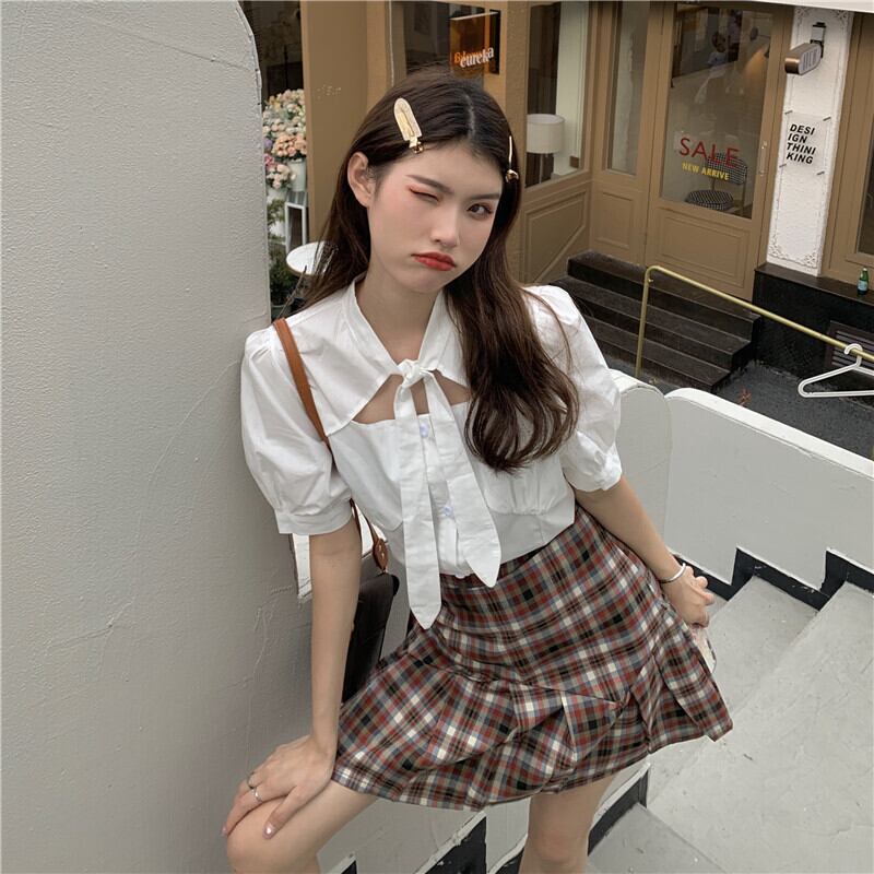 送料無料 制服風セットアップ ボウタイ付き ブラウス チェック プリーツスカート ハイウエスト 可愛い セクシー リボン 学生 Lamitte Deco トレンド 韓国ファッション ショップ Base店