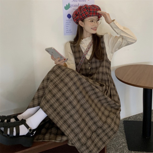 トップス ワンピース シャツ ブラウス ツーピーストップス ロング ロング丈 袖あり ノースリーブ 長袖 Aライン 2点セット  かわいい カジュアル おしゃれ お洒落 柄 チェック柄 秋 10代 20代 30代 レディース 女性用 デート お出かけ 女子会 韓国 韓国系 オルチャン ファッション コーデ 楽ちん モテ ワンサイズ