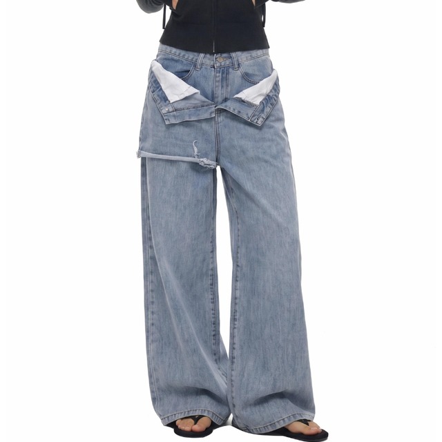 Folded waist wide denim pants　V3026