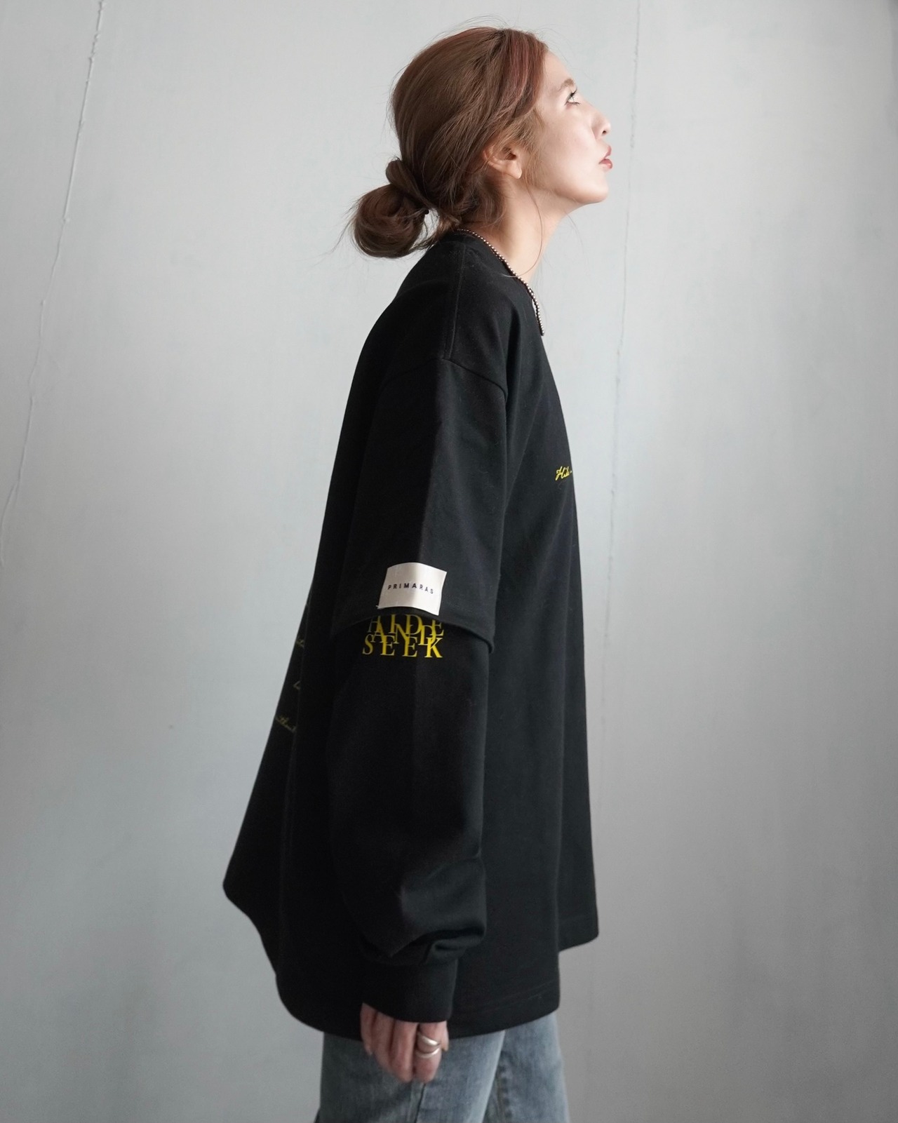 【HIDE AND SEEK 24-25NEW/REVAIVAL】Patch layered designロンTスウェット／ブラック