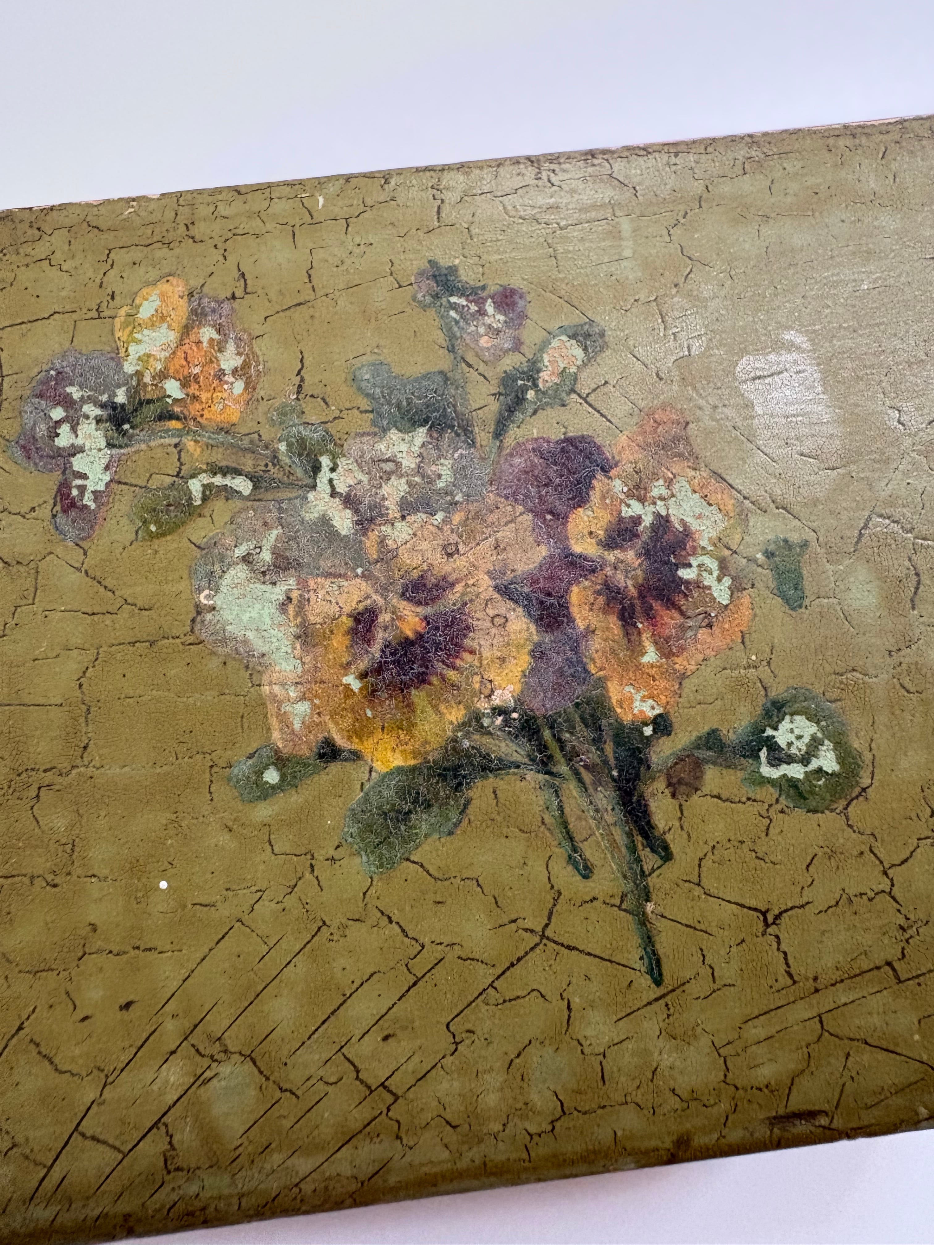 ◆SALEフランスアンティーク｜手作り古い木箱、手書き油絵花小物入れ大きめ絵画 パンジーが描かれた木箱（花束の絵付け／小物入れ）｜フランス