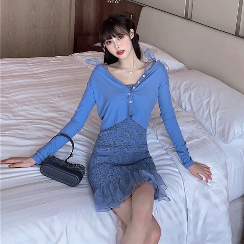 プリーツブルーフローラルドレス スプリングカラーカーディガンスリムスカート 春物 花柄 ピュア ドラファッションホール58789573359