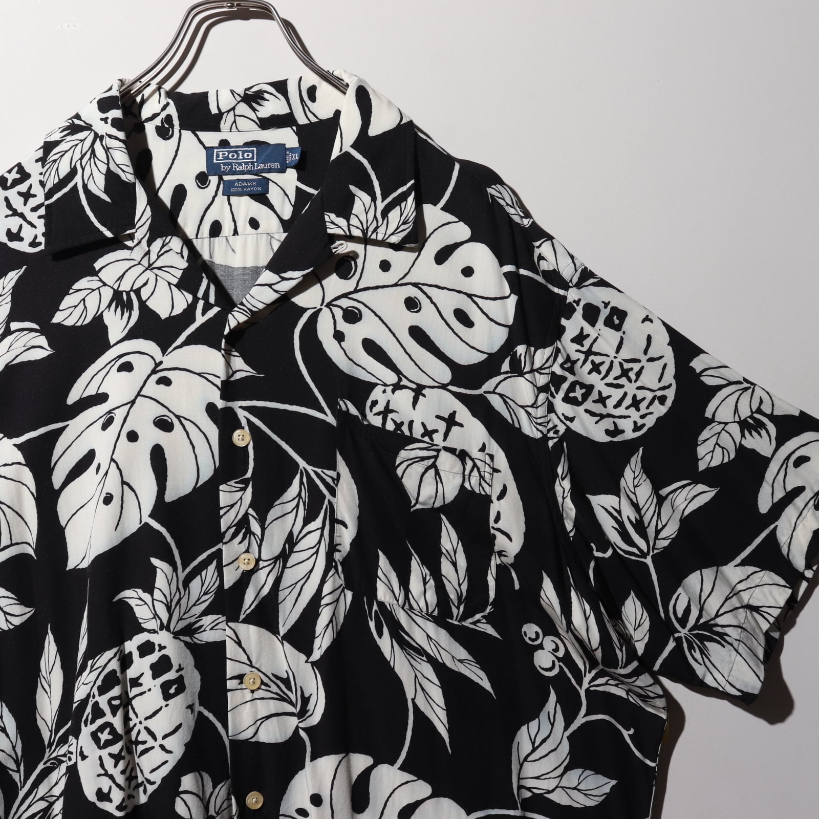 美品 L 黒 レーヨン 総柄 Adams ポロラルフローレン シャツ ブラック  