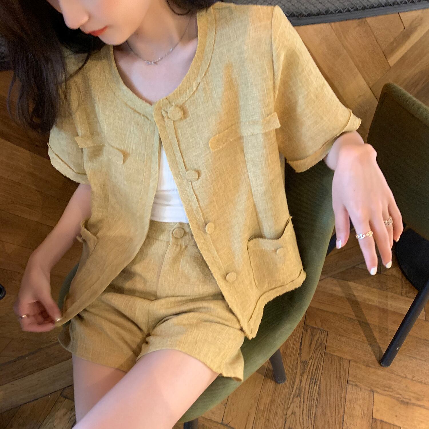 ラウンドネックショートコート ハイウェストウェストショーツ ブルマー Oネック 6Du_Shop_Women40525427672