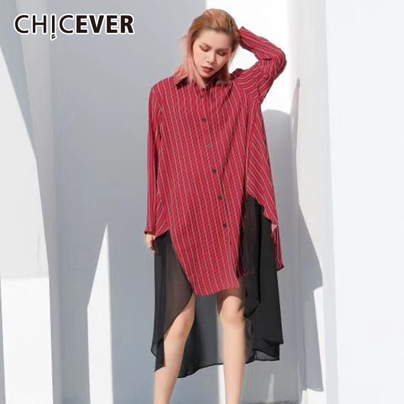CHICEVERパッチワークヒットカラーレディースドレスラペルカラー長袖ルーズオーバーサイズアシンメトリーミディド​​レス2020 ロング 6base550394746300