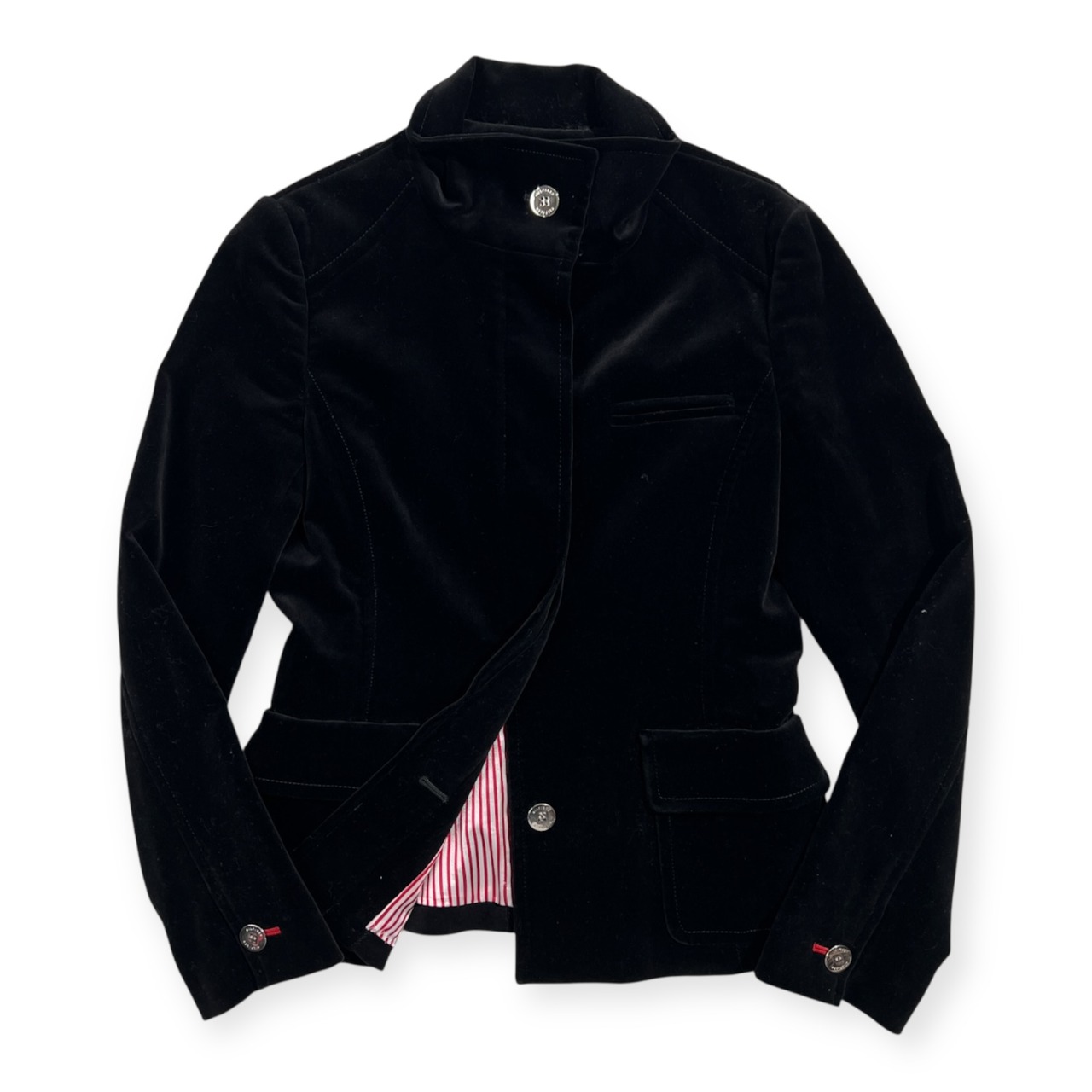 TOMMY HILFIGER トミーヒルフィガー ベロア ジャケット ストレッチ サイズ 2 /レディース ブラック系 立ち襟 裏地ストライプ