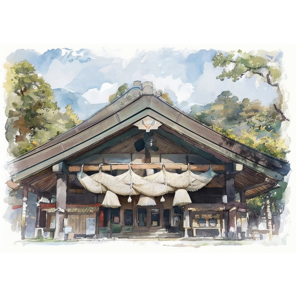 水彩画 (比木神社) 額装済み 88グラフ ミニ 平等院鳳凰堂幻想 水彩スケッチver/ 東京幻想（直筆